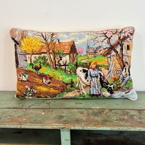 Gorgeous Large Vintage Needlepoint Farmhouse Pillow